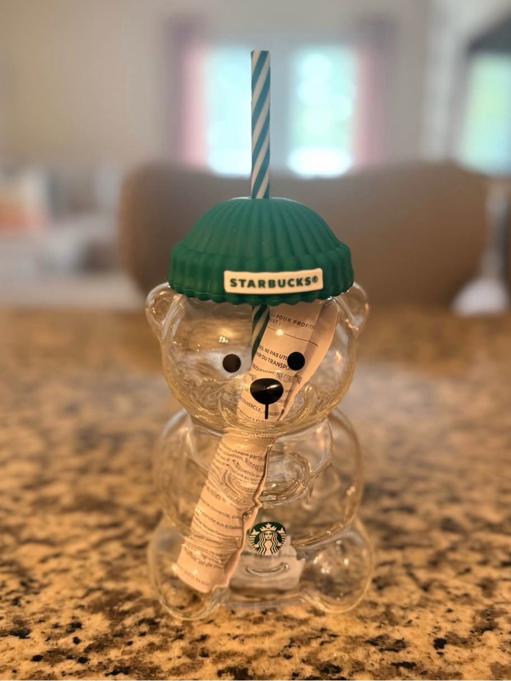 Starbucks Clear Bear Cup with Green Beanie Lid and Striped Straw